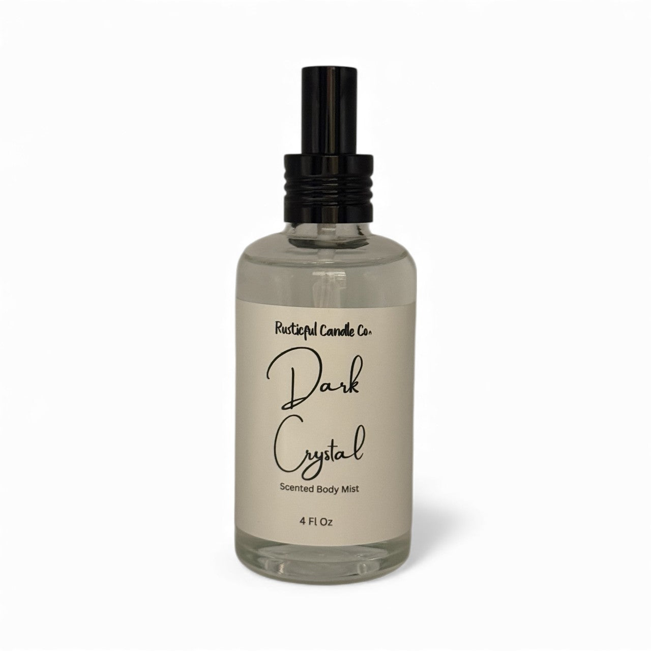 Bottle of 'Dark Crystal' scented body mist by Rustful Candle Co. on a white background