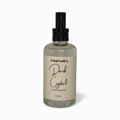 Bottle of 'Dark Crystal' scented body mist by Rustful Candle Co. on a white background