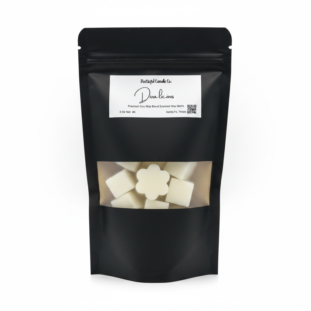 Black packaging of wax melts with a visible brand label on a white background