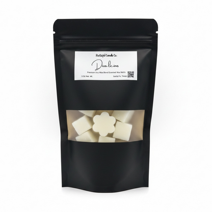 Black packaging of wax melts with a visible brand label on a white background