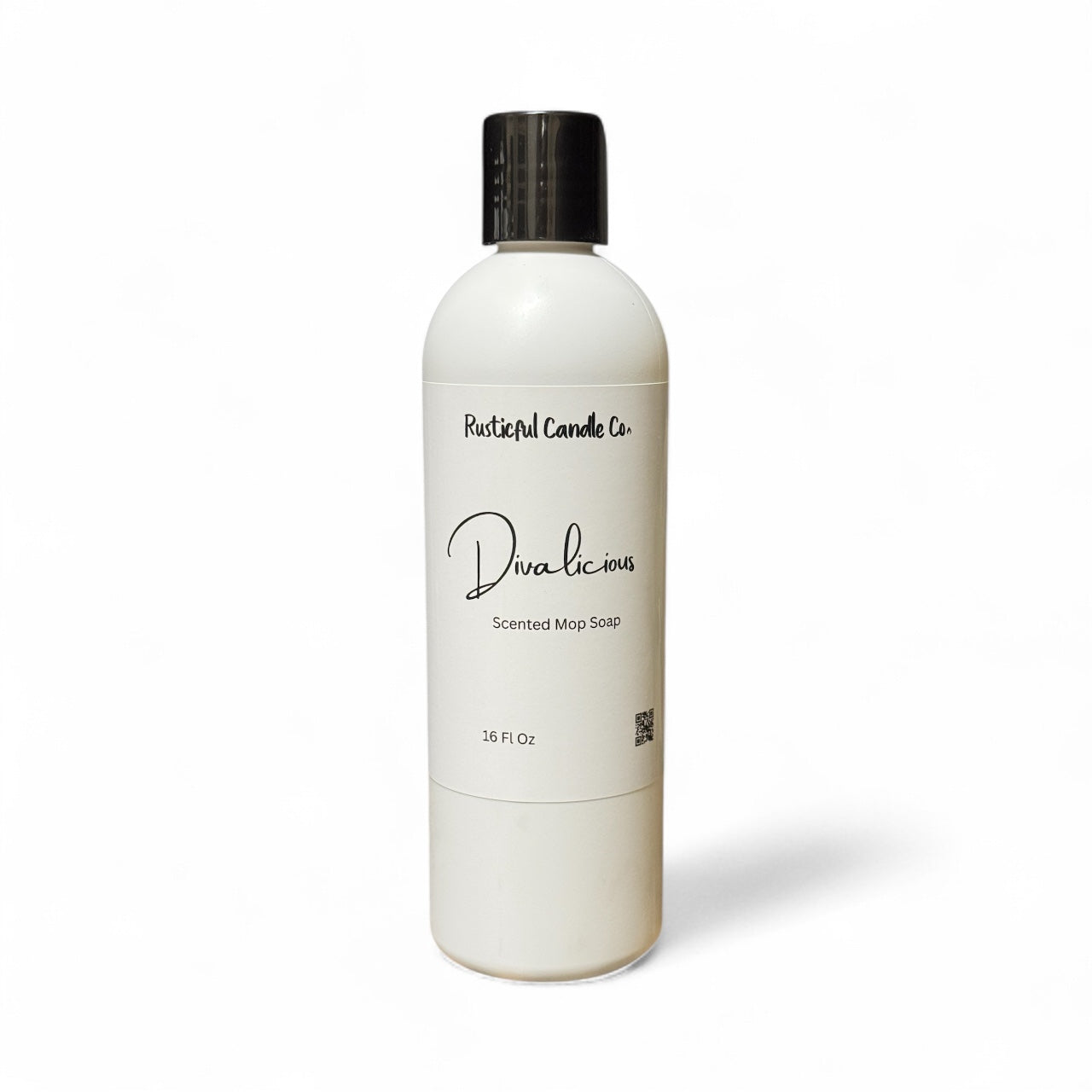 White bottle of 'Diva Licious' scented mop soap with black cap on a white background