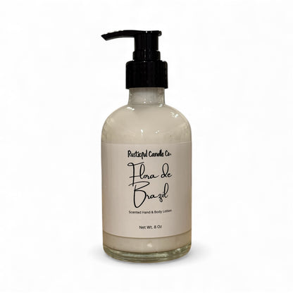 Hand and body lotion bottle labeled 'Flora de Brazil' on a white background