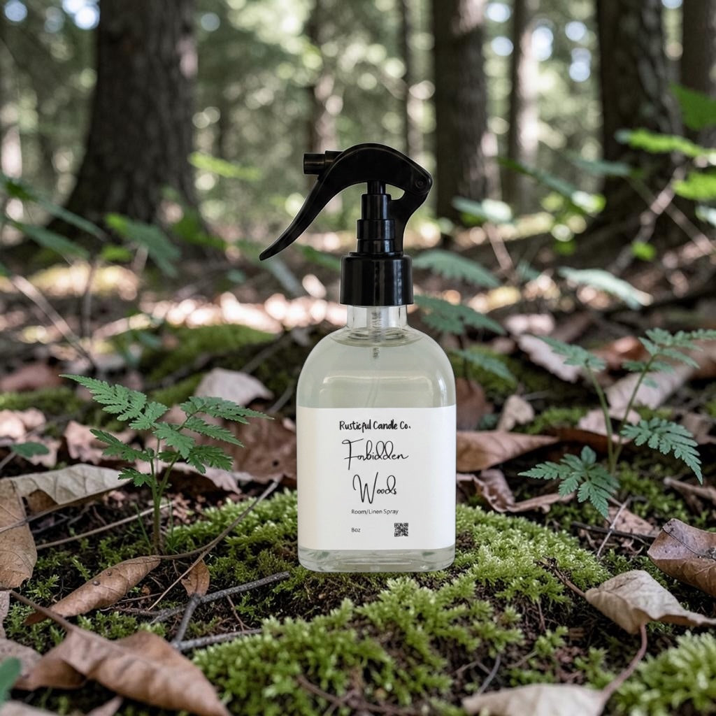 Spray bottle labeled 'Fragrance Wood' on a forest floor with trees and foliage in the background.