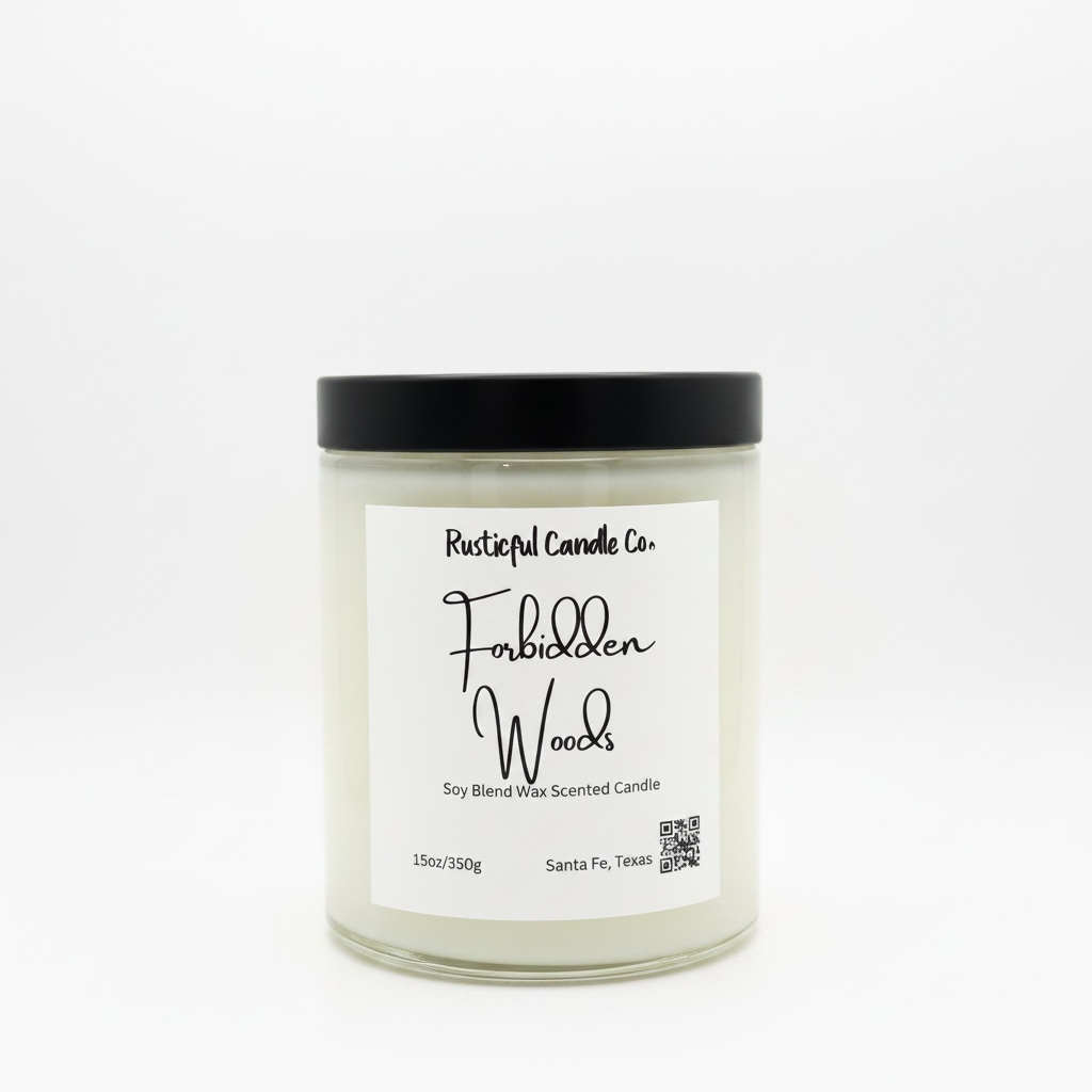 Candle with 'Forbidden Woods' label on a white background
