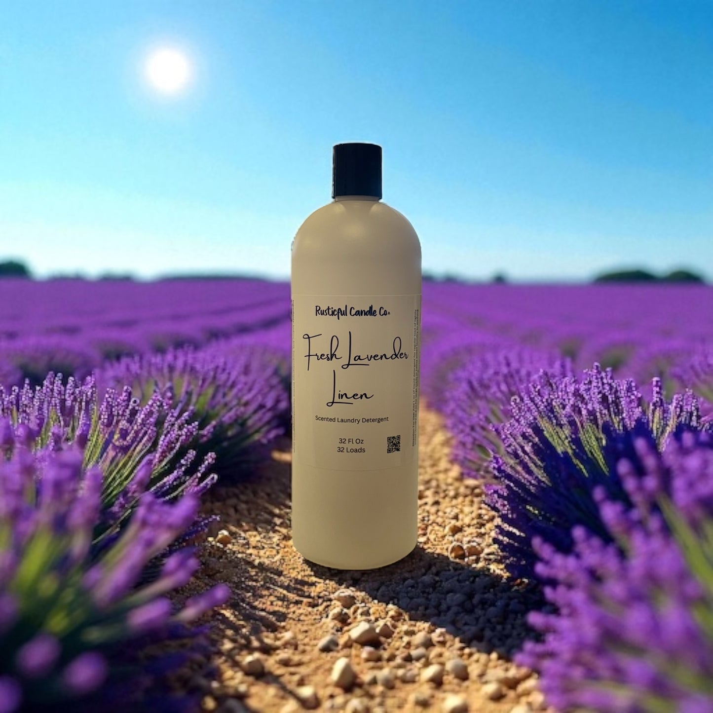 Bottle of 'Fresh Lavender Linen' product in a lavender field