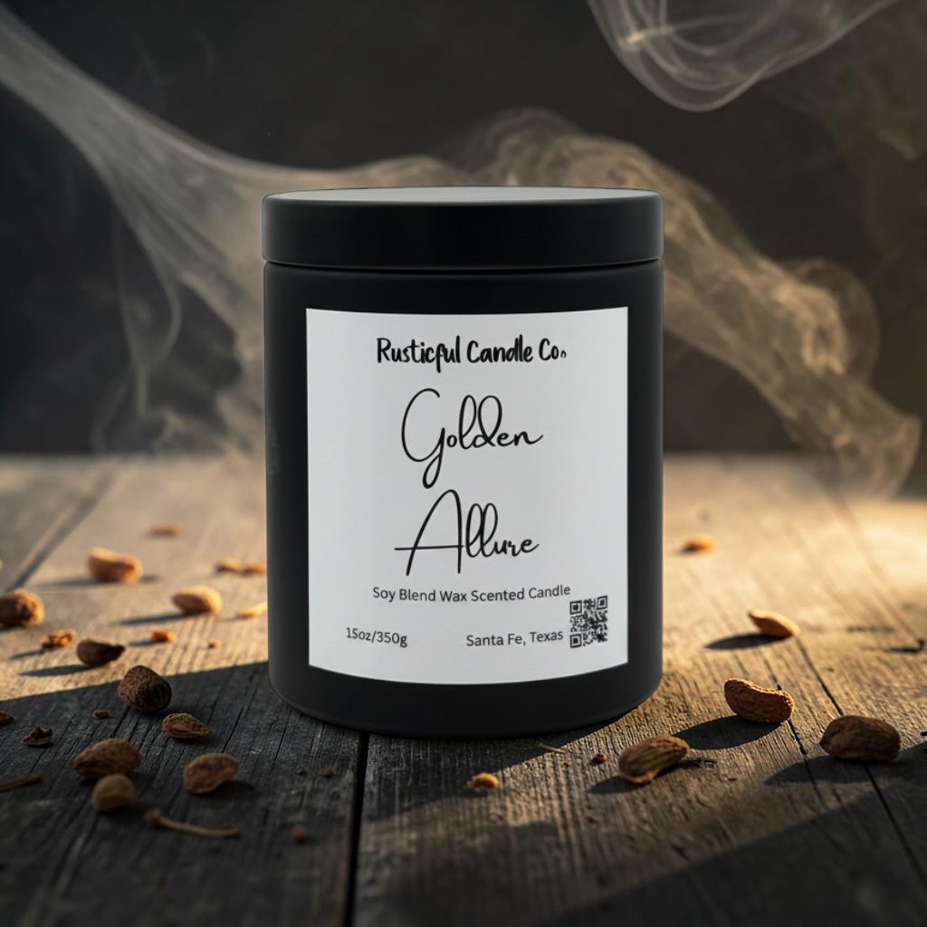 A matte black candle jar labeled 'Rusticful Candle Co. Golden Allure' sits on a rustic wooden surface with scattered coffee beans and dramatic smoke in the background.