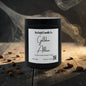 A matte black candle jar labeled 'Rusticful Candle Co. Golden Allure' sits on a rustic wooden surface with scattered coffee beans and dramatic smoke in the background.