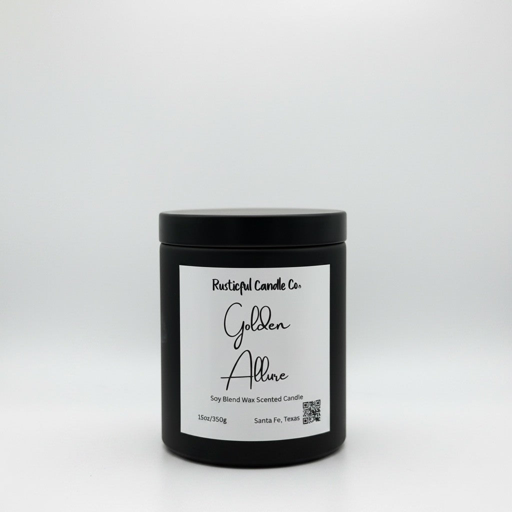 A black jar candle with a white label reading 'Rustical Candle Co. Golden Allure' on a light gray background.