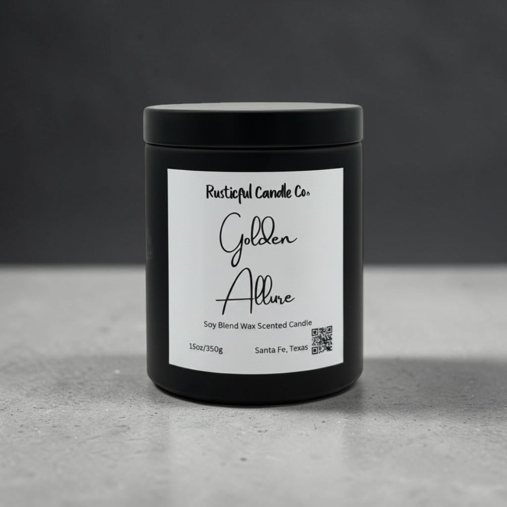 A black plastic jar candle with a white label reading 'Rustical Candle Co. Golden Allure' on a gray surface against a dark gray background.