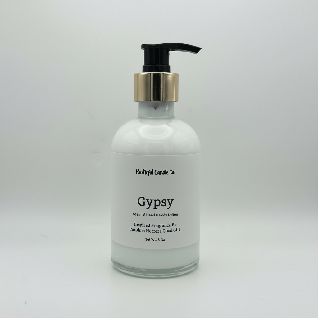 Bottle of 'Gypsy' scented hand and body lotion with a pump on a white background