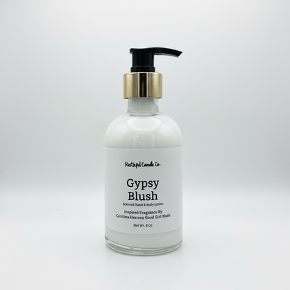 Hand and body lotion bottle labeled 'Gypsy Blush' on a white background