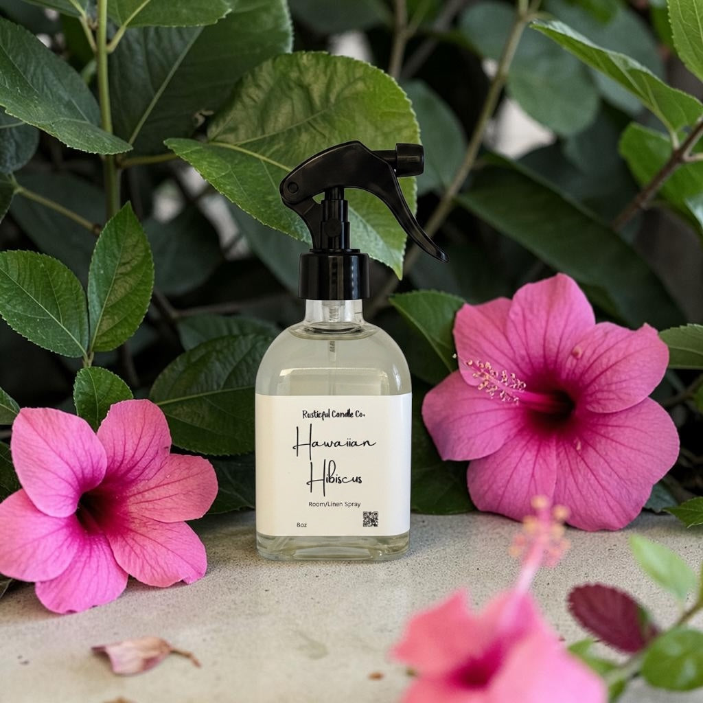 Spray bottle labeled 'Hawaii' with pink flowers and green leaves in the background