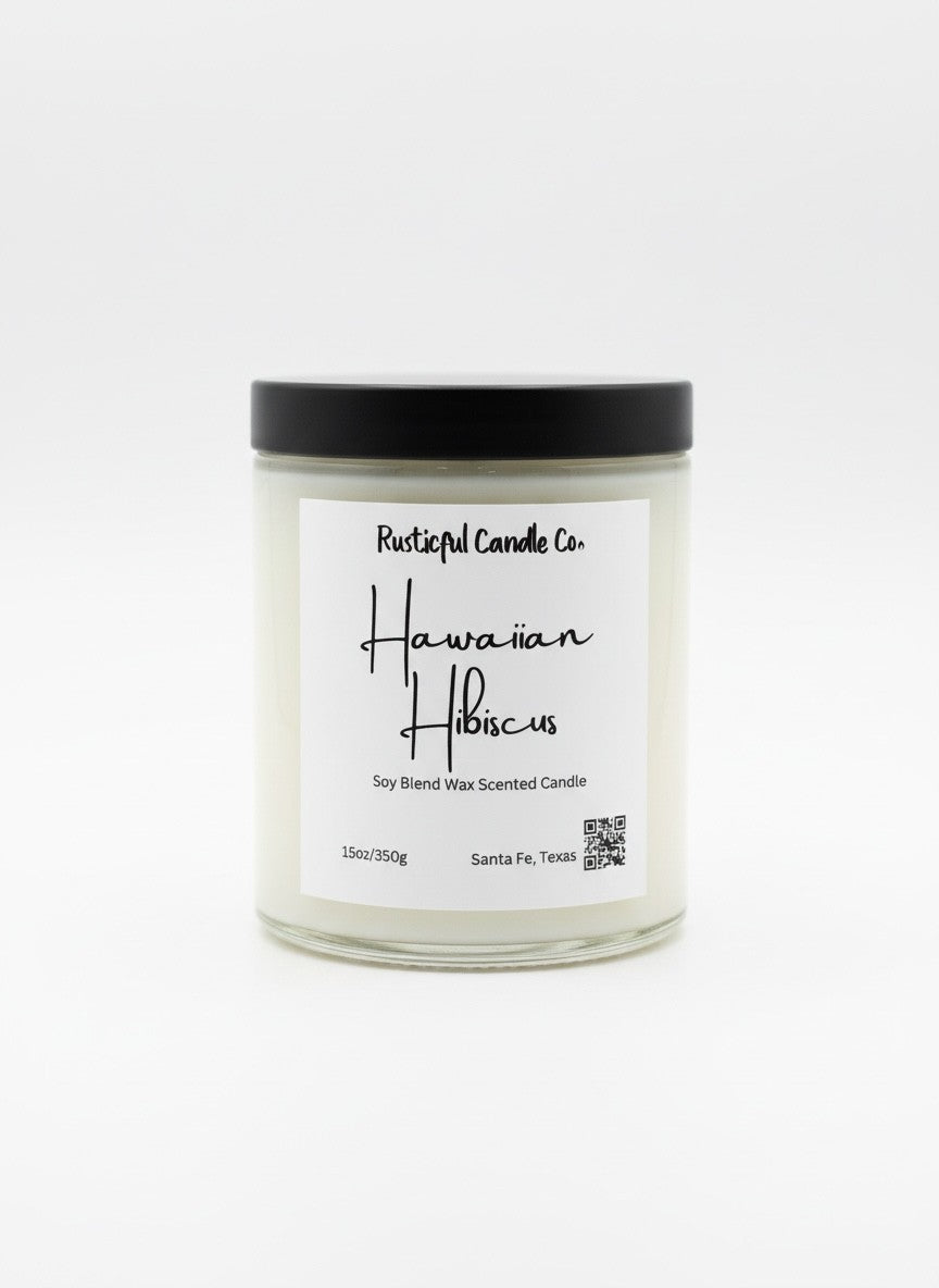 Candle with 'Hawaiian Hibiscus' label on a white background
