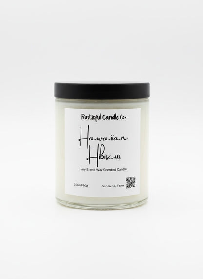 Candle with 'Hawaiian Hibiscus' label on a white background