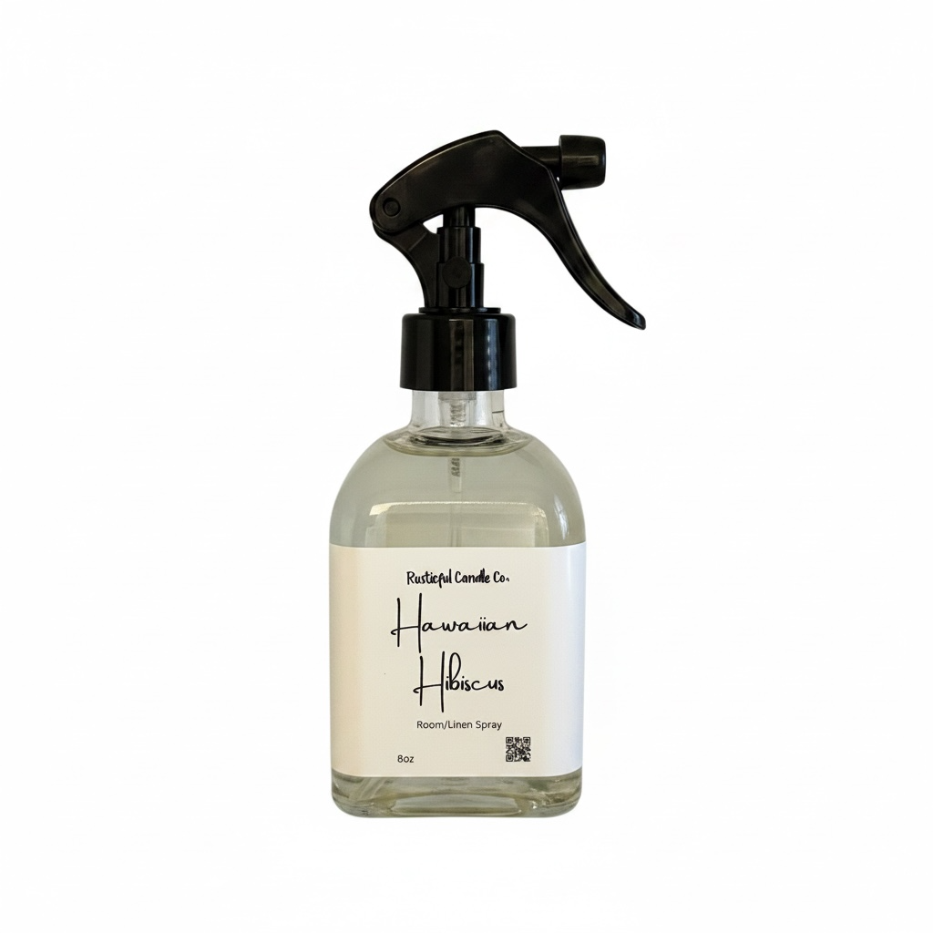Clear spray bottle with black nozzle labeled 'Hawaiian Hibiscus' on a white background