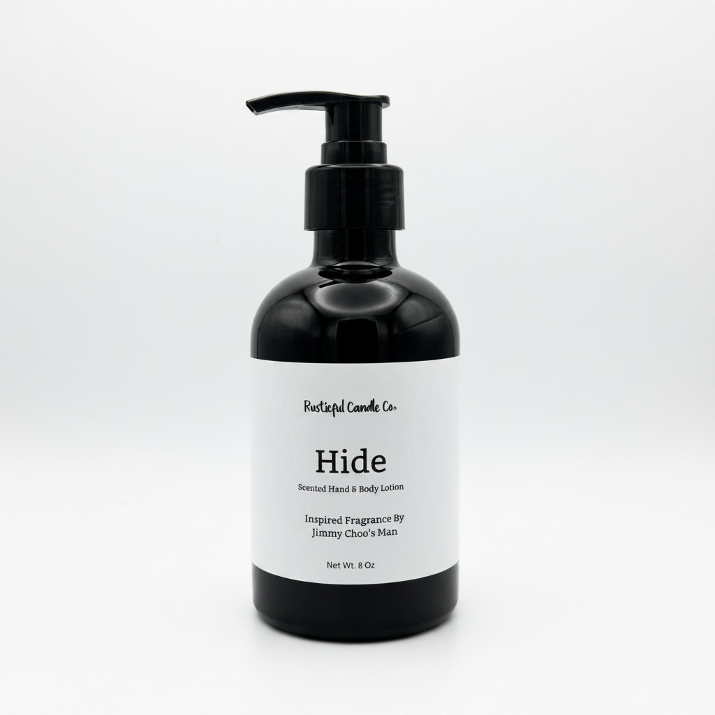 Black lotion bottle with pump and 'Hide' label on a white background