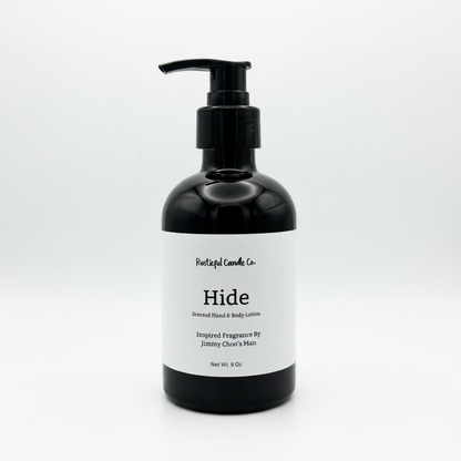 Black lotion bottle with pump and 'Hide' label on a white background