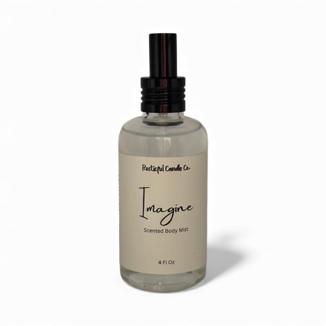 Bottle of 'Imagine' scented body mist by Rusticful Candle Co. on a white background