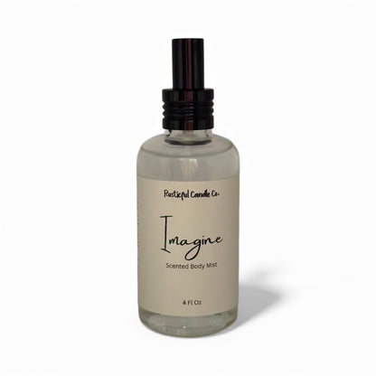 Bottle of 'Imagine' scented body mist by Rusticful Candle Co. on a white background