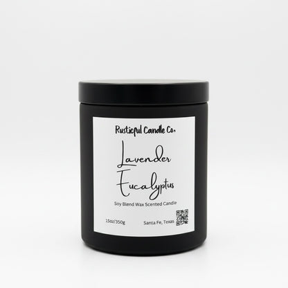 A black jar candle with a white label reading 'Rustical Candle Co. Lavender Eucalyptus' on a clean white background.
