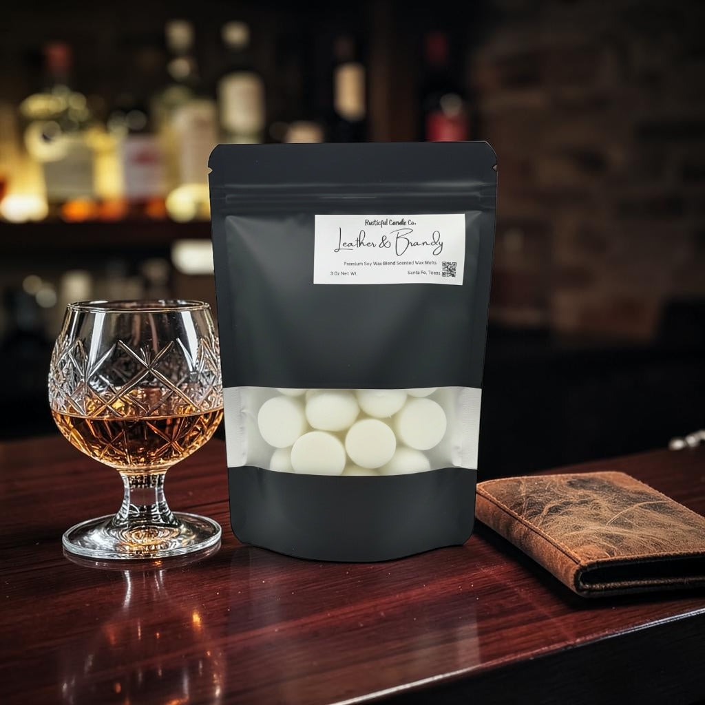 Bag of white candies with a glass of whiskey and leather wallet on a wooden surface.