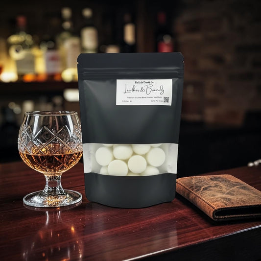 Bag of white candies with a glass of whiskey and leather wallet on a wooden surface.