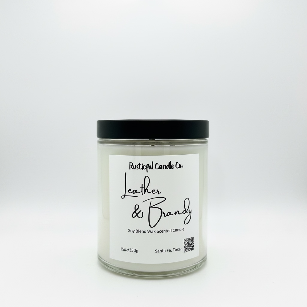 Candle jar labeled 'Leather & Brandy' by Rusticful Candle Co. on a white background