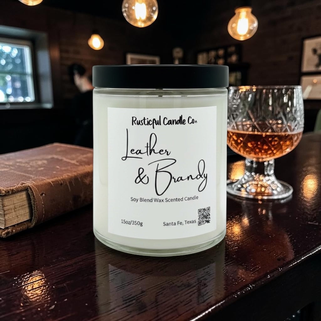 Candle labeled 'Leather & Brandy' from Rusticful Candle Co. on a wooden surface with a glass of brandy and book in the background.