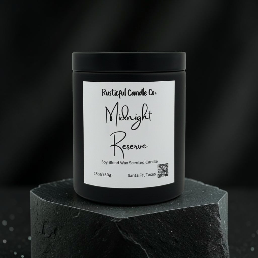 A black jar candle with a white label reading 'Rusticalful Candle Co. Midnight Reserve' sits on a dark stone pedestal against a dark blurred background.