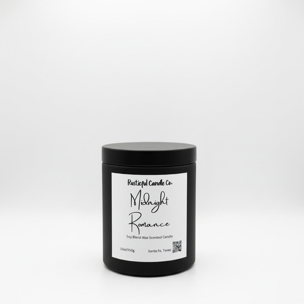 A black jar candle with a white label reading 'Rustical Candle Co. Midnight Romance' on a clean white background.