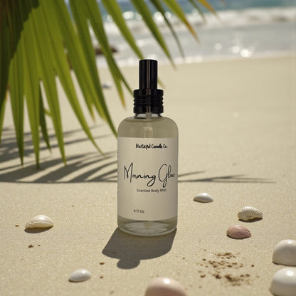 Bottle of 'Morning Glow' scented body mist on a sandy beach with palm leaves and shells.