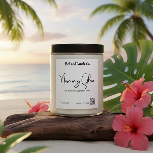 Candle labeled 'Morning Glow' by Rusticful Candle Co. with tropical flowers and palm leaves in the background.