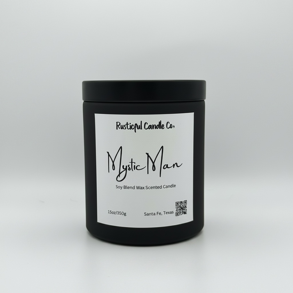 Black candle jar with 'Mystic Man' label on a white background