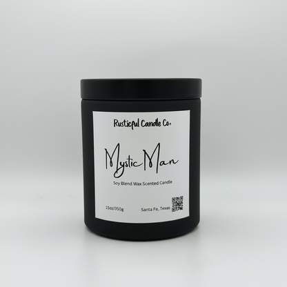 Black candle jar with 'Mystic Man' label on a white background