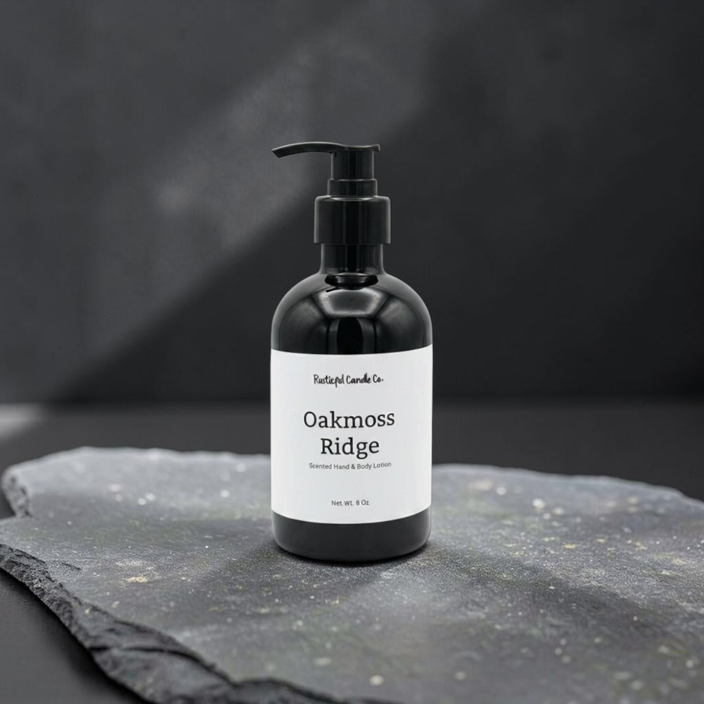 Black bottle labeled 'Oakmoss Ridge' on a dark stone surface with a black background