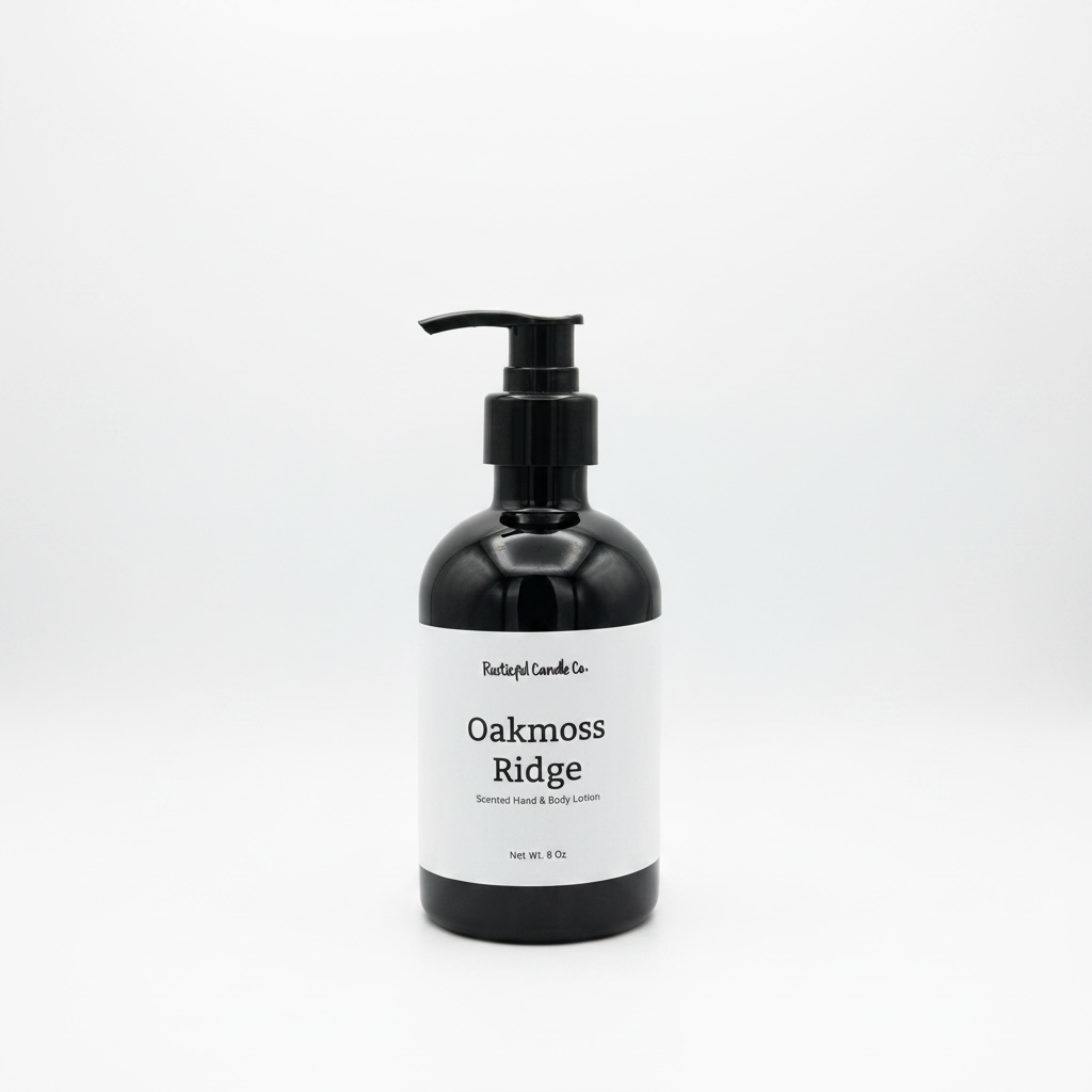 Black bottle of 'Oakmoss Ridge' hand and body lotion on a white background
