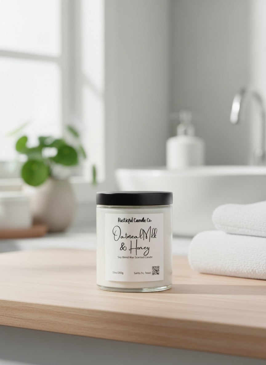 Candle labeled 'Oatmeal, Milk & Honey' on a bathroom counter with a blurred background