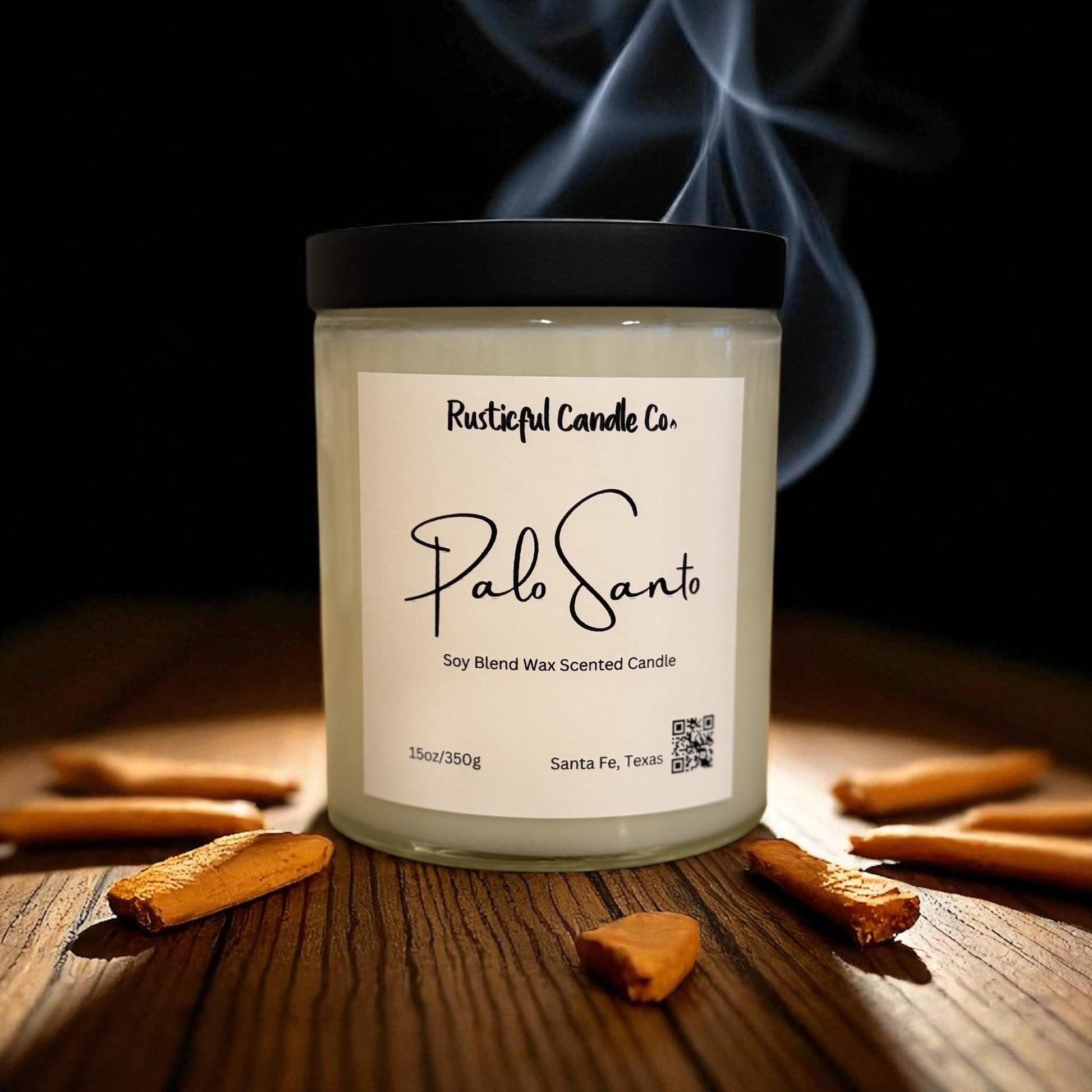 Scented candle labeled 'Palo Santo' from Rusticful Candle Co. on a wooden surface with cinnamon sticks.