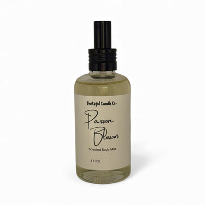Bottle of 'Passion Blossom' scented body mist from Pactful Candle Co. on a white background