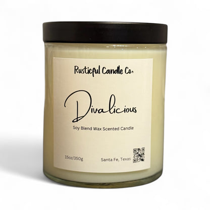 Close-up of Divalicious candle label on glass jar, hand-poured by Rusticful Candle Co.