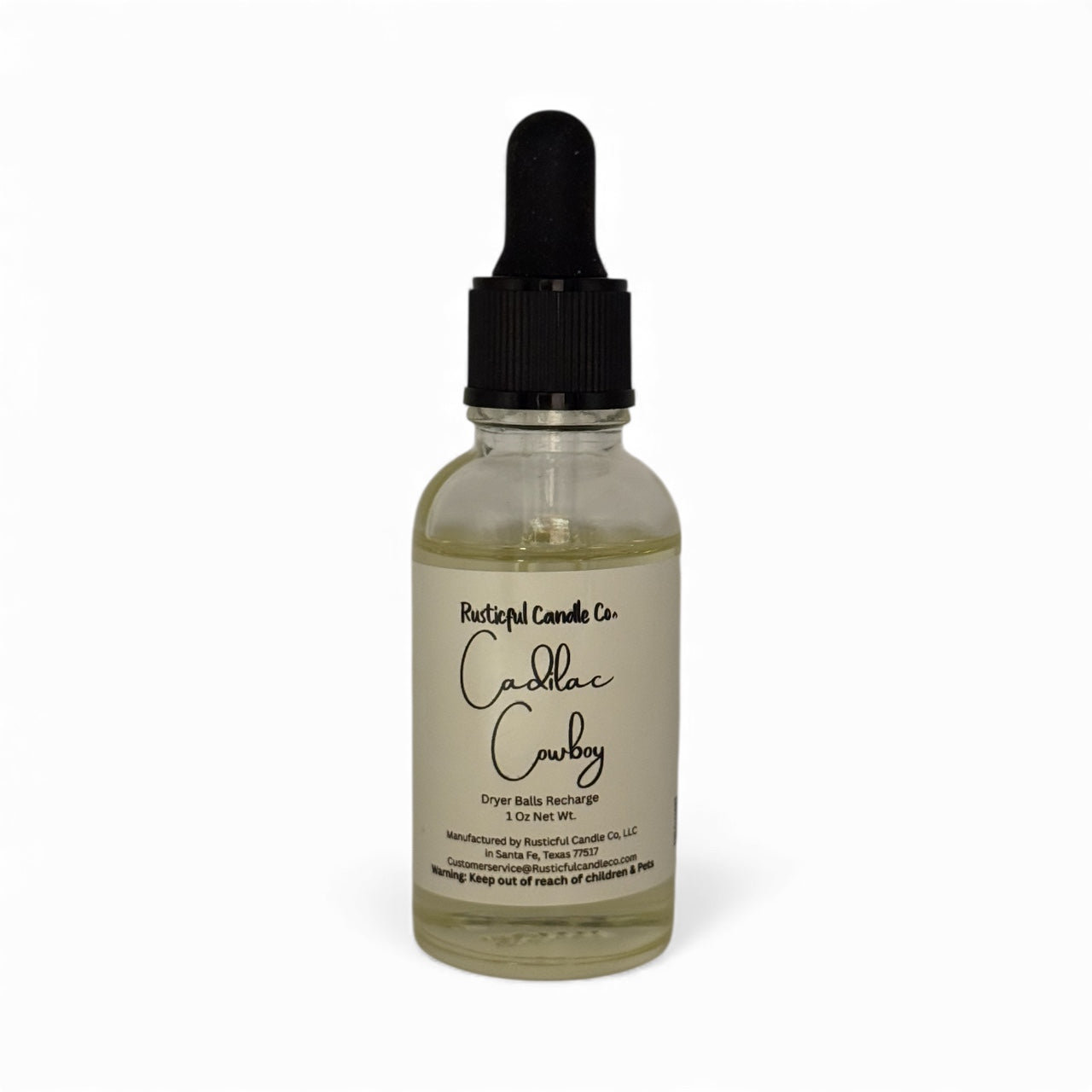 Bottle of 'Cadillac Cowboy' dryer balm with dropper on a white background