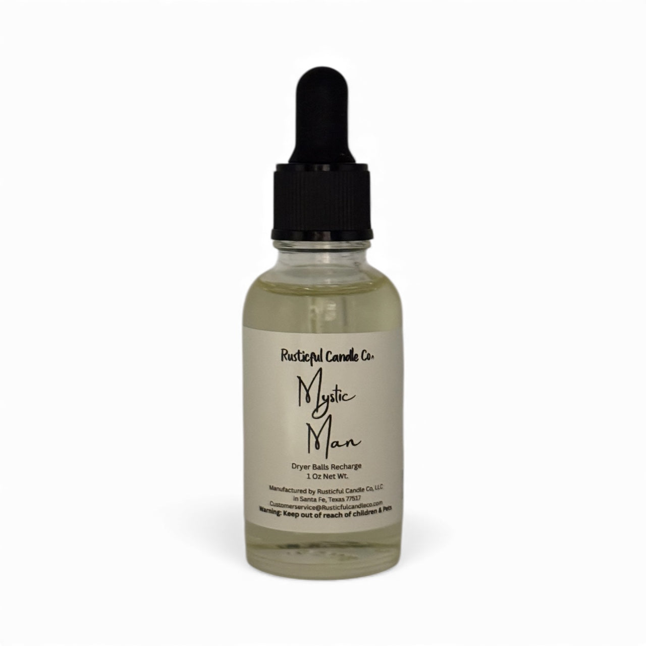 Bottle of Mystic Man dryer bulb recharge with a dropper on a white background