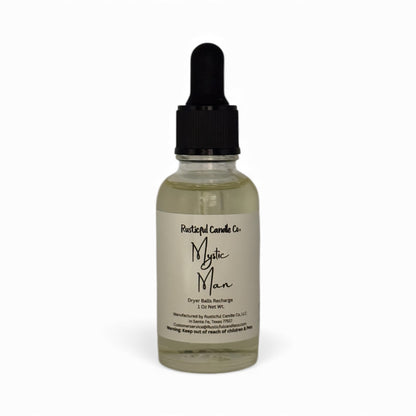 Bottle of Mystic Man dryer bulb recharge with a dropper on a white background