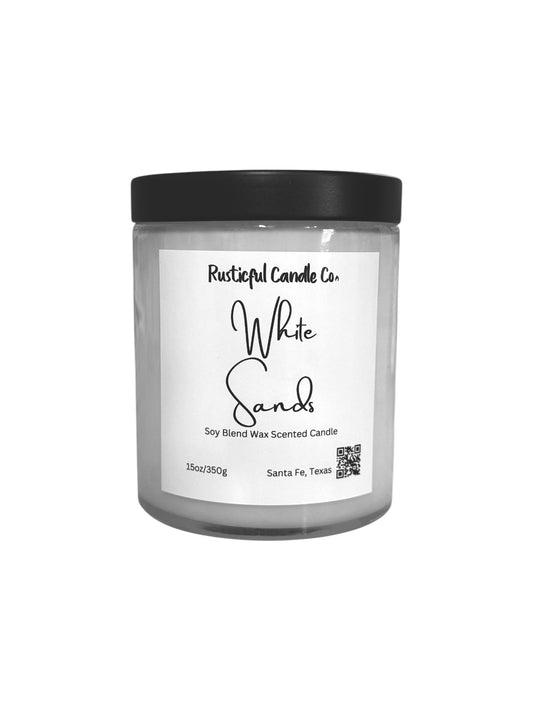 Candle jar labeled 'White Sands' by Rustful Candle Co. on a white background