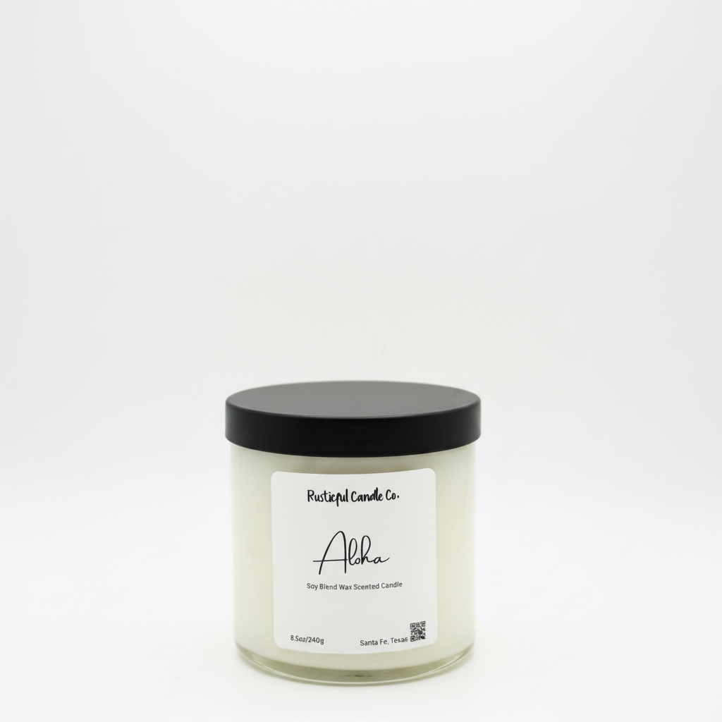Candle jar with a black lid and white label on a light gray background