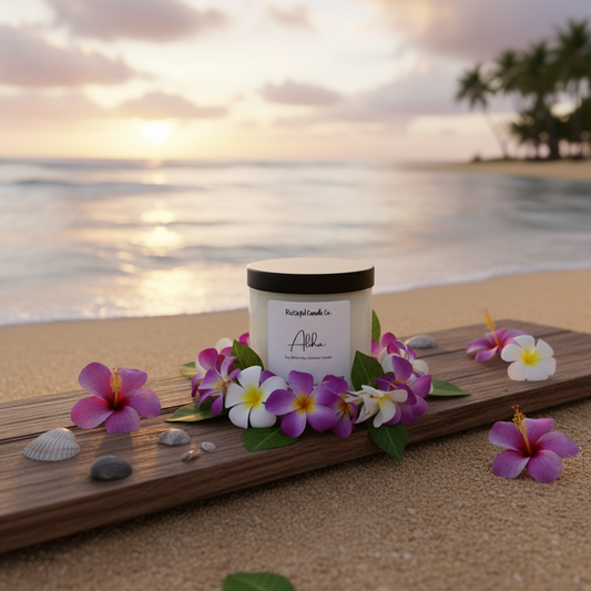 Candle on a wooden board with flowers and seashells on a beach at sunset