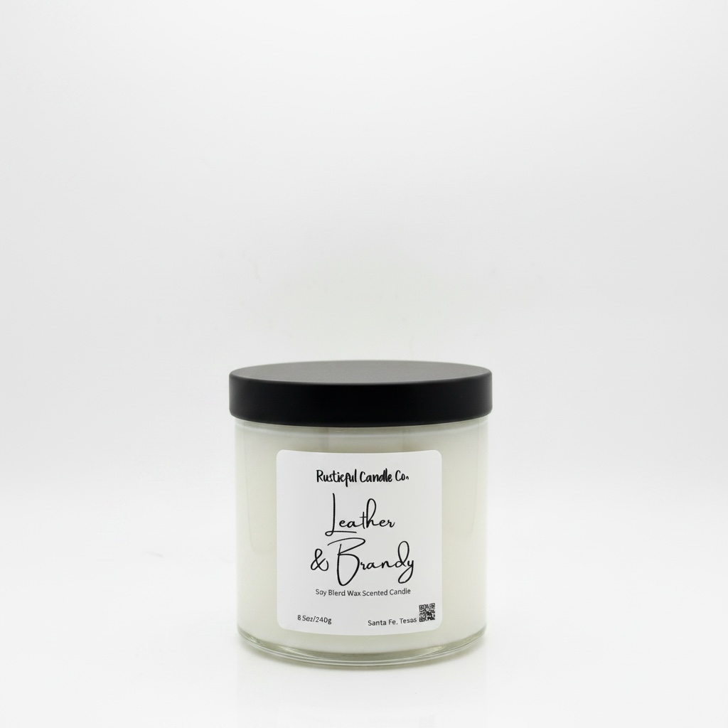 Candle jar labeled 'Leather & Brandy' on a white background