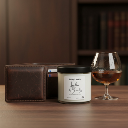 Candle labeled 'Leather & Brandy' next to a leather wallet and glass of brandy on a wooden surface.