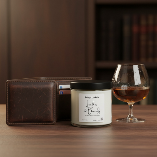 Candle labeled 'Leather & Brandy' next to a leather wallet and glass of brandy on a wooden surface.