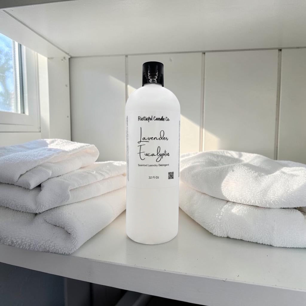 White bottle of laundry detergent with towels on a table in a bright room